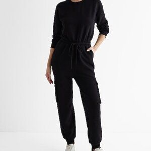 Express Black Long Sleeve Tie Waist Cargo Fleece Jumpsuit Womens Size XS